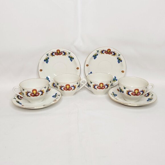 Porsgrund Farmer's Rose Floral Tea Cup Saucer Gold Rim 4 Sets Scandinavian 4oz - Picture 3 of 6
